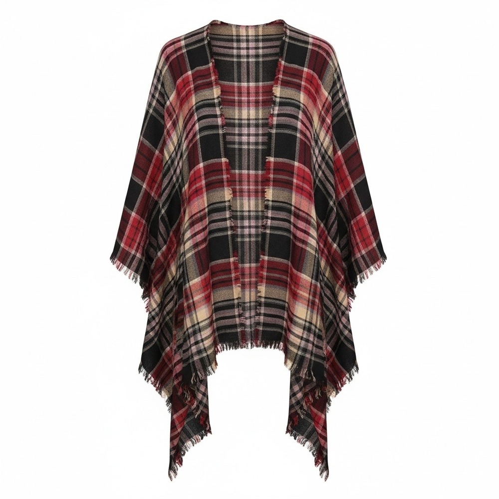 New Burgundy Plaid Fringe Kimono Vest Wrap Rayon Waterfall Shawl Dark Academia